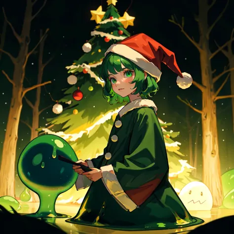 anime christmas tree with a girl in a green dress and a green hat