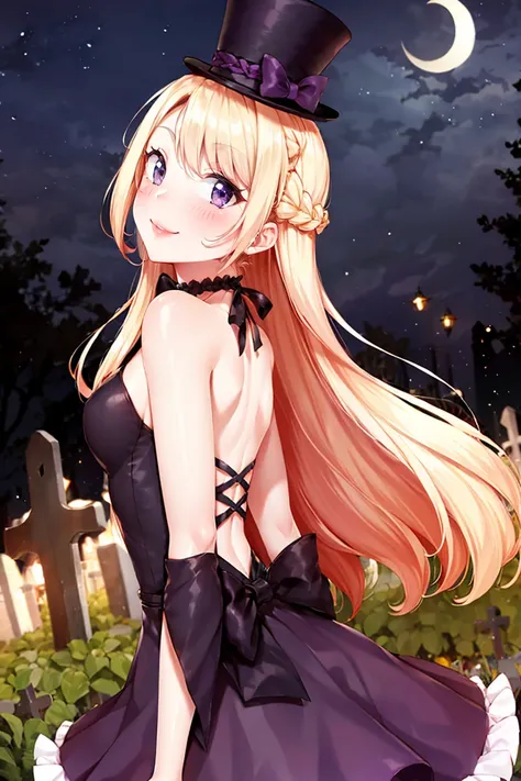 anime girl in a black dress and top hat standing in a cemetery