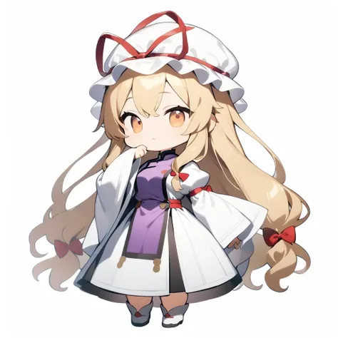 1girl,yakumo yukari,(chibi:1.1),rating: general,full body,standing,simple background,white background,best quality,masterpiece,<lora:noline-16oa:1>,(ai-generated:0.2),<lora:yakumo_yukari_image6089_2023-12-20:1>,mob_cap,white_headwear,tabard,white_dress,hat...