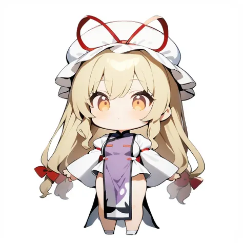 1girl,yakumo yukari,(chibi:1.1),rating: general,full body,standing,simple background,white background,best quality,masterpiece,<lora:noline-16oa:1>,(ai-generated:0.2),<lora:yakumo_yukari_image6089_2023-12-20:1>,mob_cap,white_headwear,tabard,white_dress,hat...