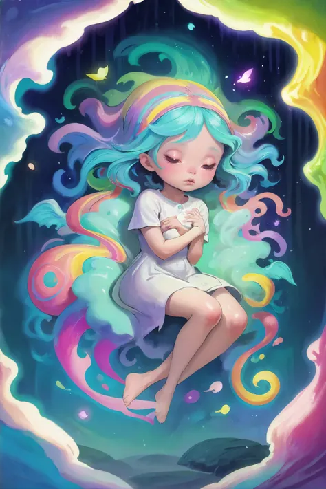 A whimsical dream spirit, with pastel-colored swirls, weaving through the thoughts of a sleeping child.<lora:EnvySpiritXL01-fae:1>