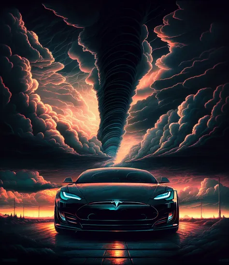 (abstract:1.2) front view (the tesla car, beautiful clouds, night:1.1) portrait, artistic sharp gloomy art, (dan mumford style:1...