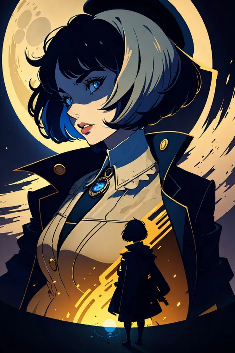 1 woman,bobcut, long jacket,    moon light, steampunk
 artdeco, stylish shadow ,  warner animation style,
dramatic lighting, vector art, gradient color,