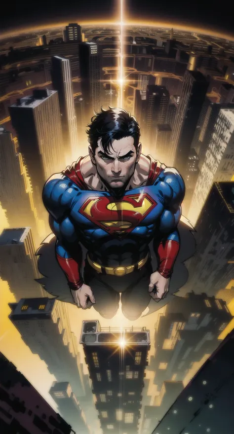 powerful and emotive portrait of superman hovering high above metropolis, surveying the city below with a sense of awe and wonde...