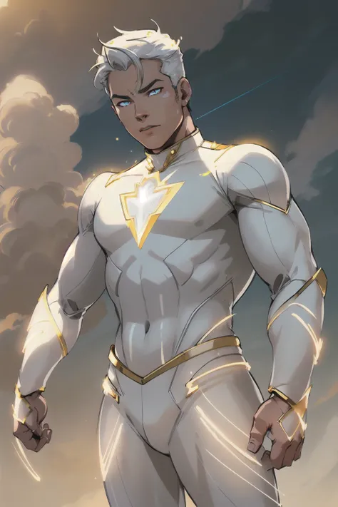 1boy, Chris Pine, male focus, masculine male, high tech, white hair, (Standing, Proud, Standing Pose, Strong Stance:1.1) (((glowing eyes))) depth of field, looking at viewer, realistic, white spandex superhero costume supersuit with gold details, white sy...
