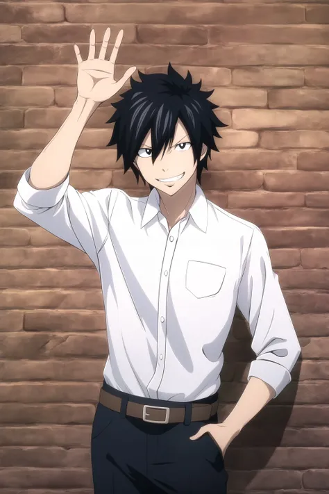 masterpiece, best quality, gray_fullbuster, 1boy, portrait, upper body, looking at viewer, hand in pocket, hand up, waving, brick wall, black hair, happy, grin, white collared shirt, black pants, brown belt,