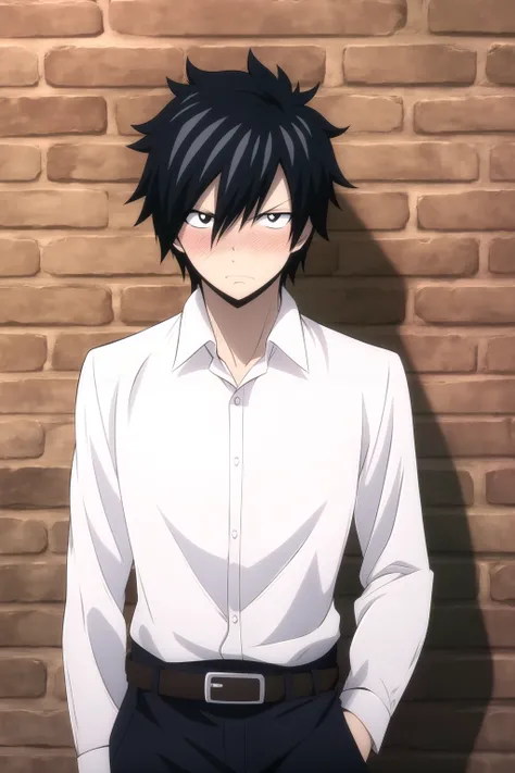 masterpiece, best quality, gray_fullbuster, 1boy, portrait, upper body, looking at viewer, brick wall, black hair, nervous, light blush, white collared shirt, black pants, brown belt,