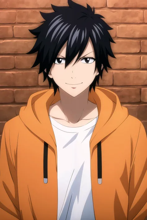 masterpiece, best quality, gray_fullbuster, 1boy, portrait, looking at viewer, brick wall, black eyes, light smile, casual, (orange jacket, hooded jacket, hood down), drawstring, (white t-shirt),