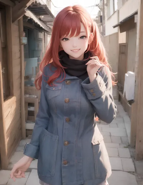 (morning), 1girl, solo, looking at viewer, winter, cowboy shot, (alley), cowboy shot, smile, red hair