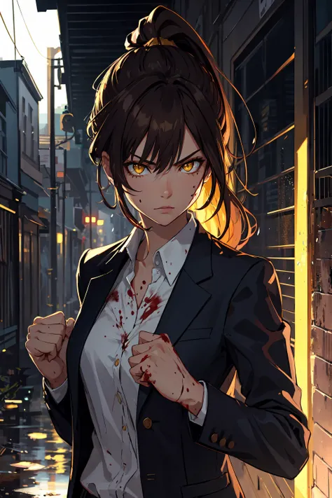 anime girl with blood on her face and a blazer