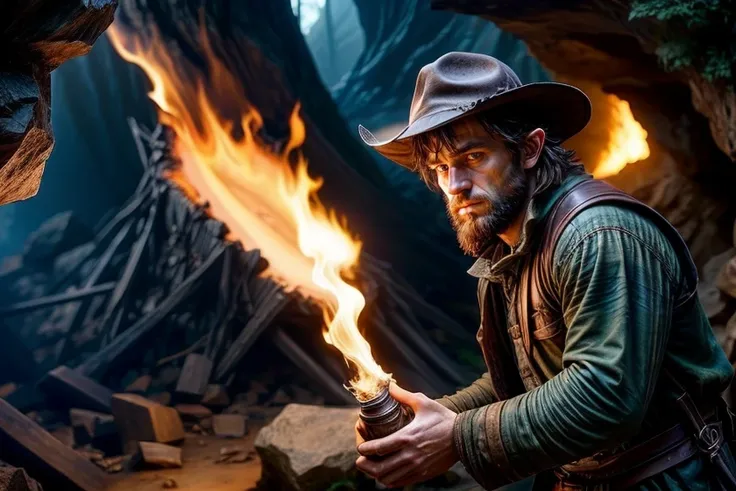 arafed man in a hat holding a lit candle in a cave