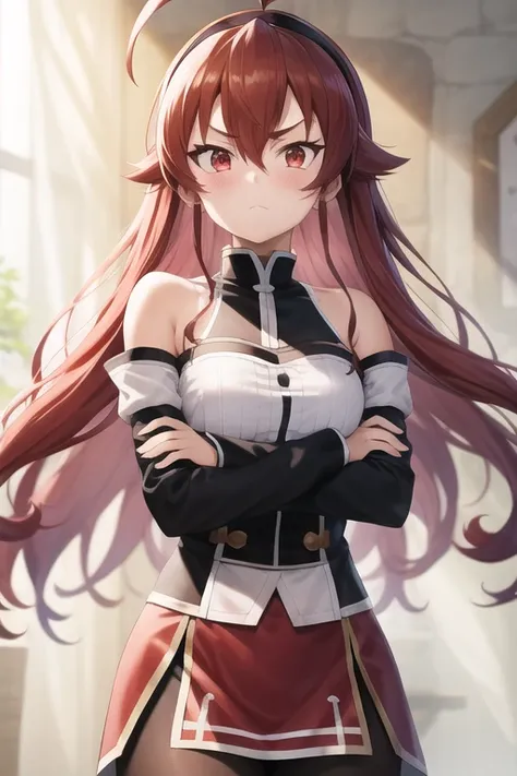 <lora:eris_v6:1> eris greyrat, 1girl, ahoge, bangs, bare shoulders, black hairband, brown skirt, closed mouth, clothing cutout, crossed arms, hair between eyes, hairband, long hair, long sleeves, looking at viewer, red eyes, red hair, shoulder cutout, simple background, skirt, solo, highres, haaam, mushoku tensei