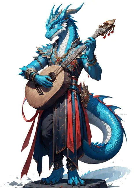 blue dragonborn, solo, simple background, male, drawing, white background, holding, jewelry, standing, tail, full body, closed eyes, flower, male focus, horns, artist name, bracelet, colored skin, watermark, instrument, claws, dragon horns, dragon tail, mu...