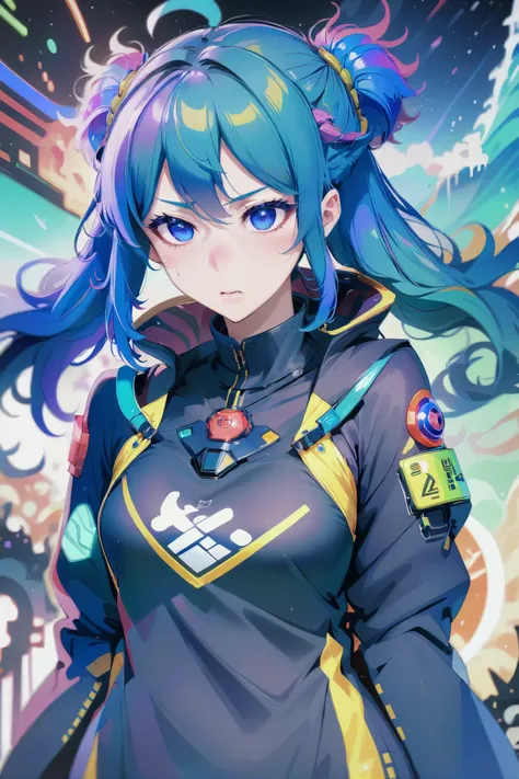 anime style, frustrated, (nude:-1), full body, 1girl, woman, scifi, traditional Chinese futurism, diplomat, full body, wearing  work clothes, bombshell hair, blue hair, Hip Length Hair,spiked hair, wide hips, slim hourglass figure,, caucasian, (golden hour...