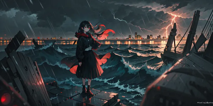 (1girl, solo, red eyes:1.2), standing, (ocean|sea), stormy weather, (lighthouse:0.7), (dark:1.1), windblown hair, wet clothes, raindrops, (lightning:0.8), city shore, [long hair, skirt, black and red color scheme],