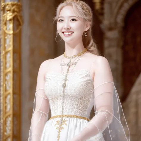 Nayeonnine wearing a long dress in the castle, gold ornaments, beautiful background, high detail face, smiling, beautiful face, high detail, realism, super realism, high quality, realistic portrait, highly detailed, digital painting, artstation, concept ar...