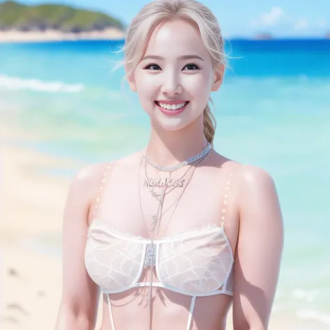 Nayeonnine wearing a sexy outfit on a beach, beautiful background, high detail face, smiling, beautiful face, high detail, realism, super realism, high quality, realistic portrait, highly detailed, digital painting, artstation, concept art, smooth, sharp f...