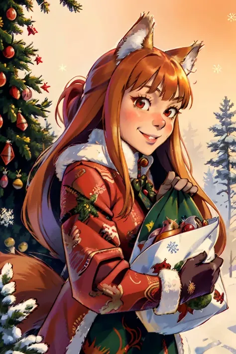 (spice and wolf:0.6) Holo dressed in a red  santa claus coat in front of a christmas tree ,  with a   gifts bag in hands, animal ears, forest, winter,  detailed face, slightly smile, detailed eyes, highly detailed,  (picytail:1.3) (fluffy ginger tail),  <l...