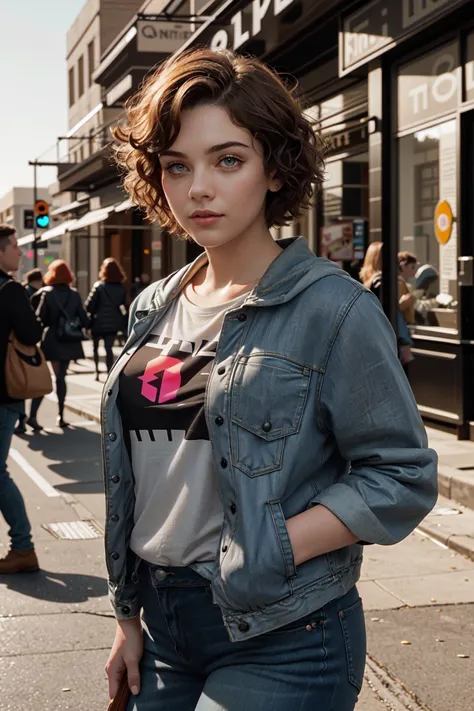 arafed woman in a denim jacket and jeans standing on a city street