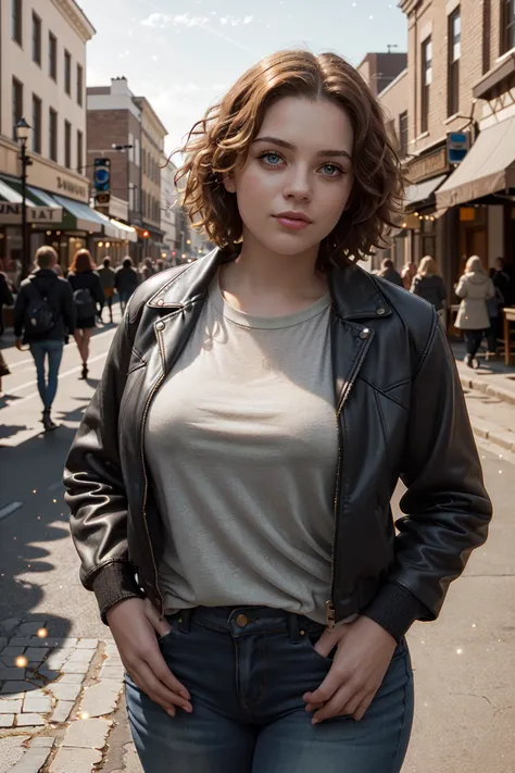 arafed woman in a leather jacket standing on a city street