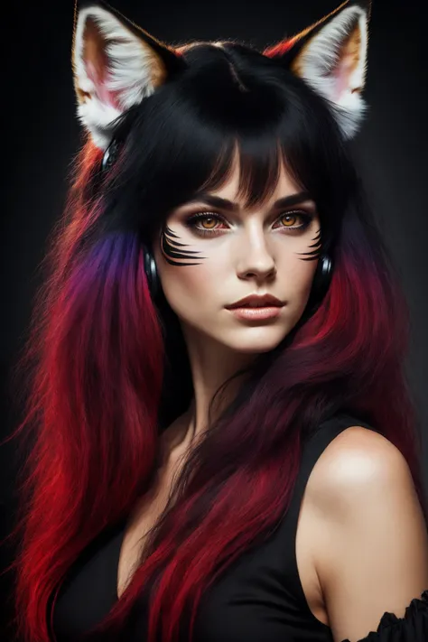 a woman with red hair and black cat ears with black and red hair