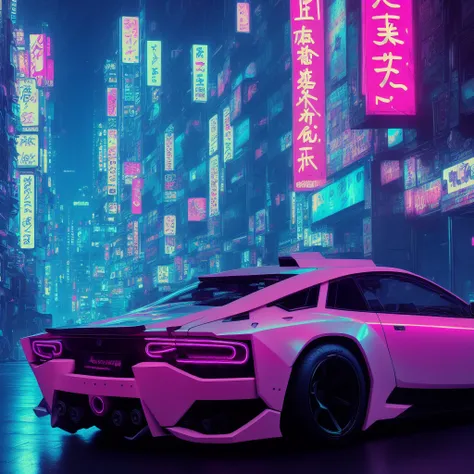 cyberpunk concept car in a japanese neon city