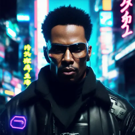 realistic black man in a black coat cyberpunk in a japanese neon city, beaufiful face