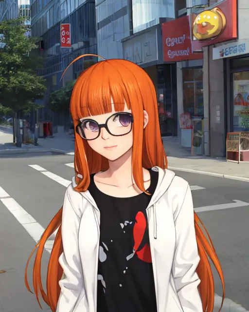 (masterpiece : 1.3), dsfutaba, long orange hair, (ahoge:0.9), glasses, blunt bangs, purple eyes