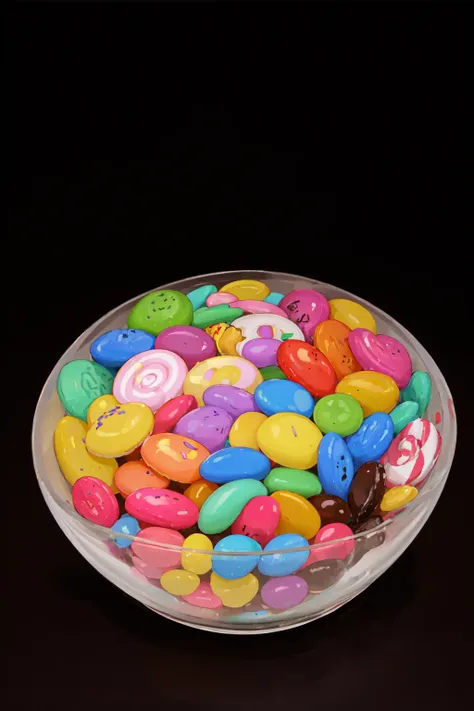 a close up of a bowl of colorful candy rocks on a black surface