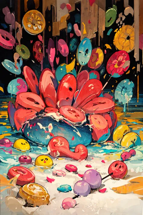 painting of a colorful flower in a vase with many donuts