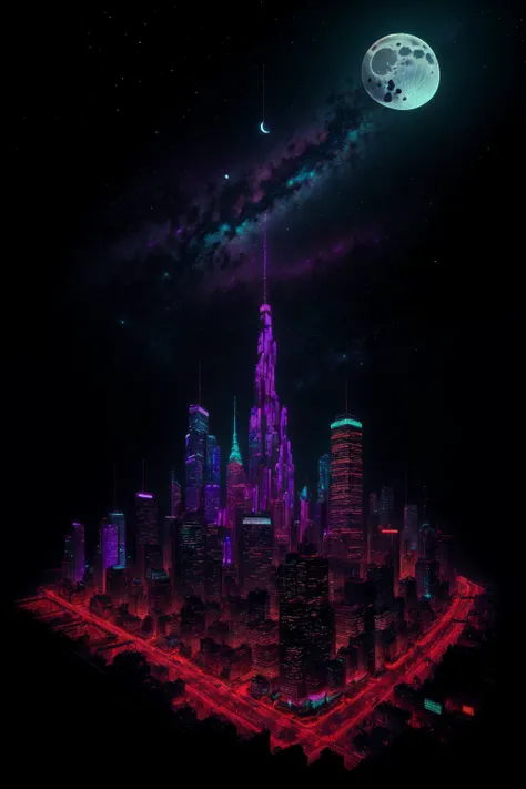 sky, tree, no humans, window, night, moon, building, star (sky), night sky, scenery, starry sky, city, palm tree, cityscape, television, monitor, skyscraper, neon lights
 <lora:Iso-Pixel:1>