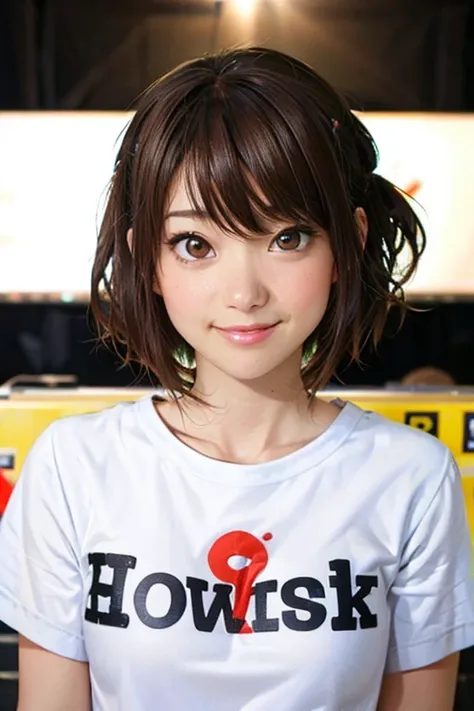 best quality, ultra high res, (photorealistic:1.4), 1girl, solo, smiling, looking at viewer, short hair, bangs, brown hair, shirt, white shirt, upper body, short sleeves, lips, makeup, t-shirt, realistic, print shirt, sticker, emoji, soft shadows, shallow ...