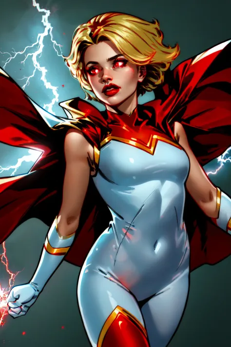 a woman in a red cape and white bodysuit with lightning coming out of her chest