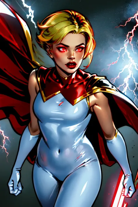 a close up of a woman in a superhero costume with lightning