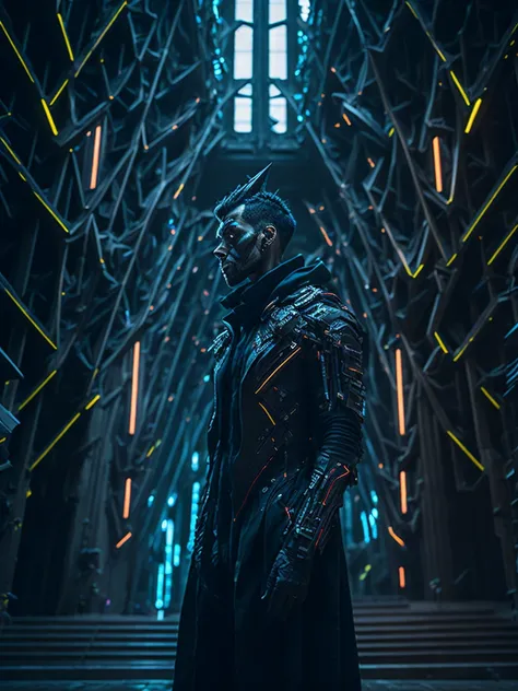 a grim portrait of a man with intricate angular cybernetic implants inside a brutalist building, gothic brutalist cathedral, cyberpunk, award winning photo, bokeh, neon lights, cybernetic limb