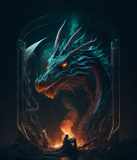 (epic photography:1.3) (dark scene:1.2) with moody side light, (rim light:1.2) silhouette, (huge dragon face:1.3) in the smoke with smoldering (embers:1.2) glowing in his nostrils and low flames glowing in his mouth, (detailed glowing eyes:1.1) with haunti...