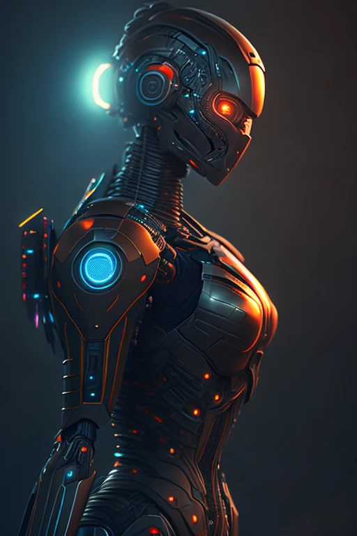 female robot, full body, cinematic, fine details, 8k, RGB palette, dark shot, soft volumetric lights,  (backlit:1.3)