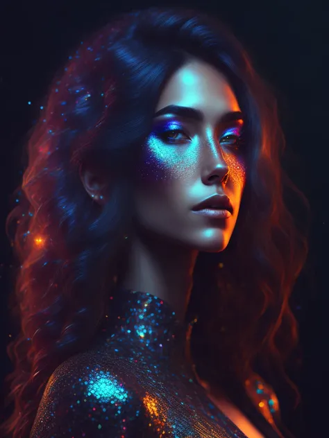a girl Iridescent hair, Glitter on face, Subsurface-Scattering, Sparkles in the air, dark background, gobo light, hdr, intricate, accurate, realistic, PHOTOGRAPYFANTASY