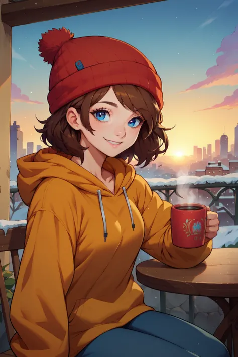 score_9, score_8_up, score_7_up, source_anime, cowboy shot, smile, looking at viewer, 1girl, brown hair, blue eyes, medium hair, beanie, hoodie, sitting, outdoors, winter, balcony, sunrise, skyline, table, coffee mug