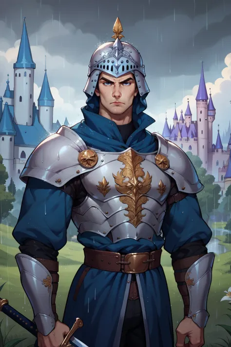 a man in armor standing in front of a castle