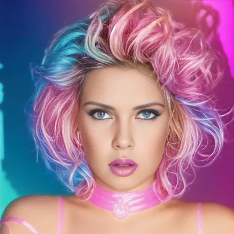 a close up of a woman with a pink and blue hair