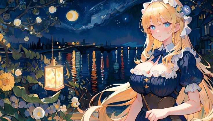 sneak shot , masterpiece, best quality, illustration,  blond hair ,long hair ,vincent van gogh ,starry night over the rhne
,look...