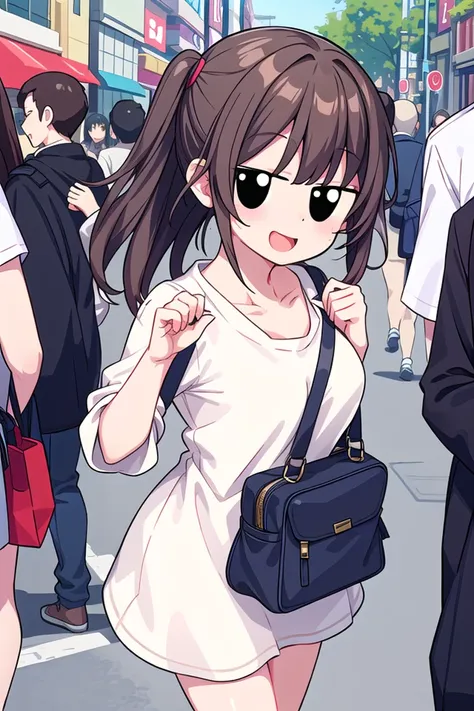 anime girl with sunglasses and a purse walking down a crowded street