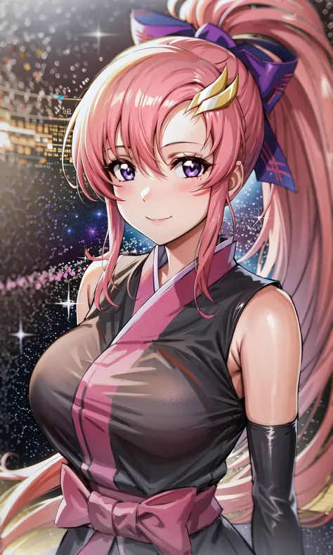 a close up of a woman with long pink hair and a black top