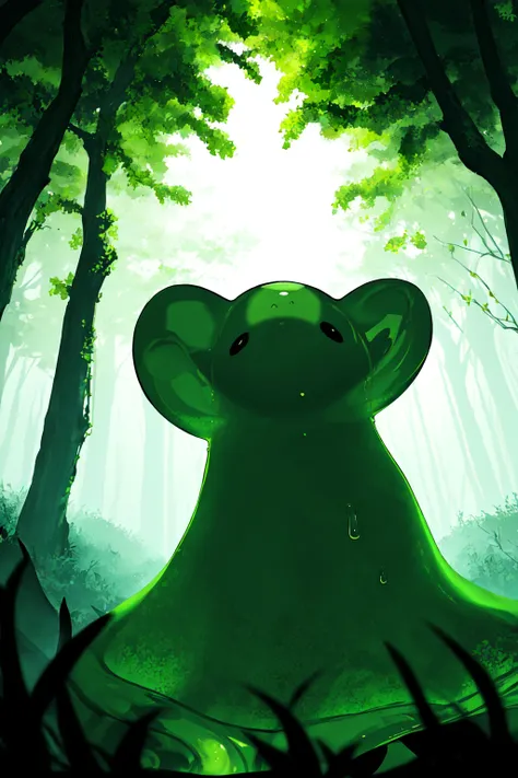 there is a green elephant that is standing in the woods