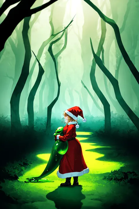 a painting of a little girl in a red dress and santa hat holding a green christmas tree