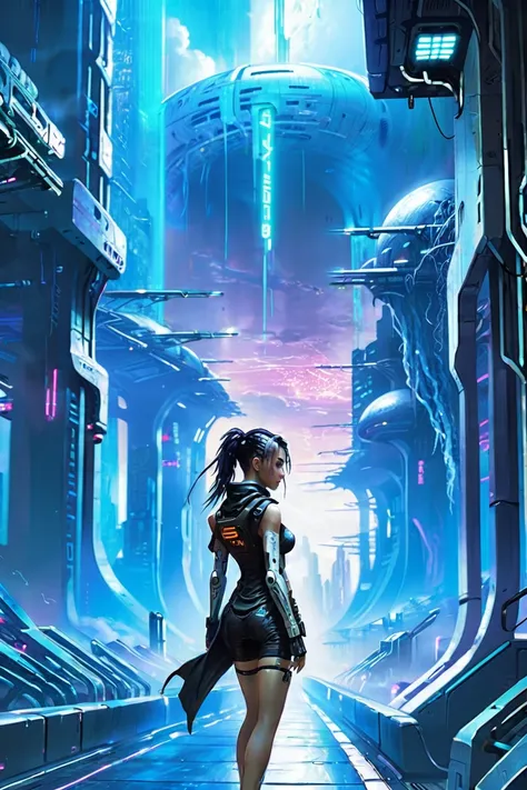 a woman in a futuristic city with a sci - fiore