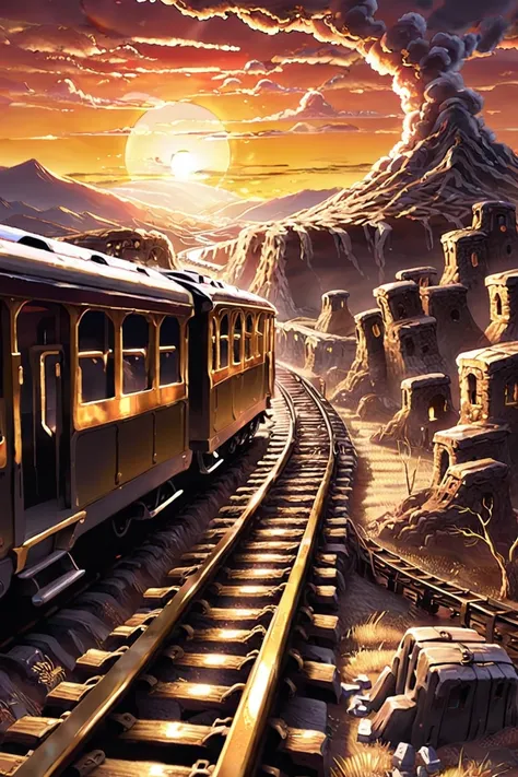 painting of a train traveling through a mountainous landscape with a sunset