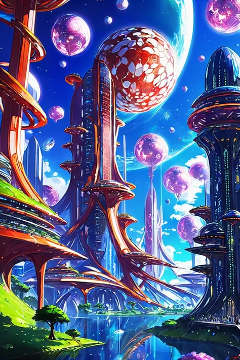 a painting of a futuristic city with a giant building and a giant tower