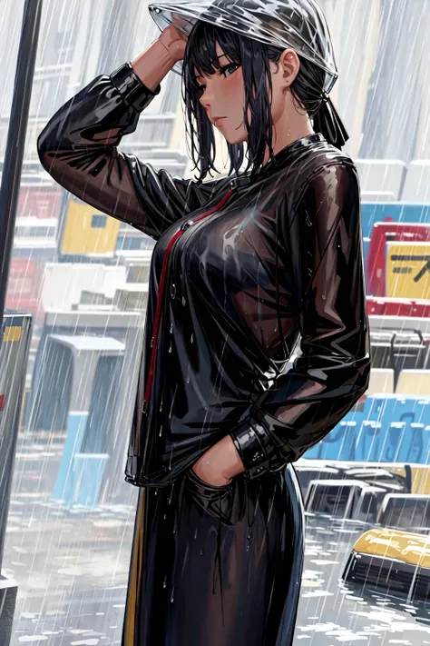 masterpiece, best quality, 1girl,rain, <lora:fp:0.8>,wet clothes,depth of field, on side